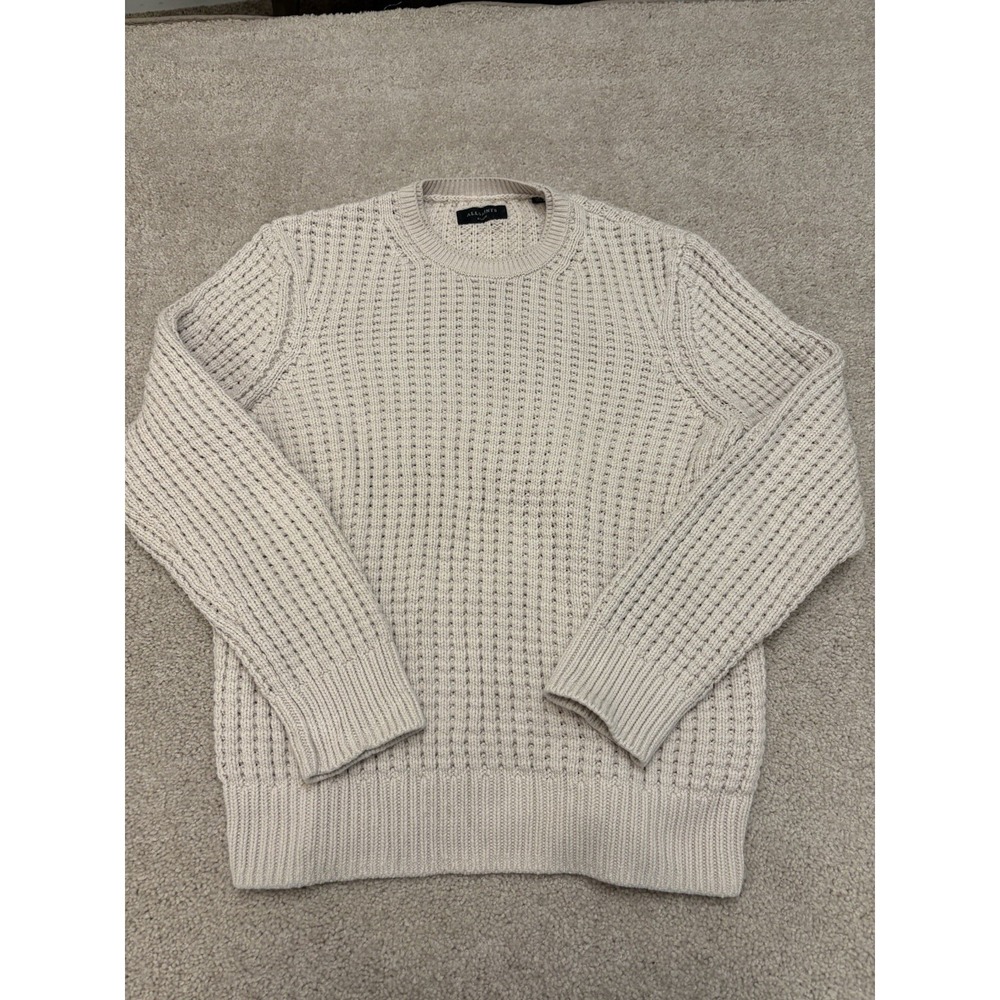 Allsaints Wells Knit Crochet Waffle Crew Neck Jumper Sweater Beige Size XL Mens